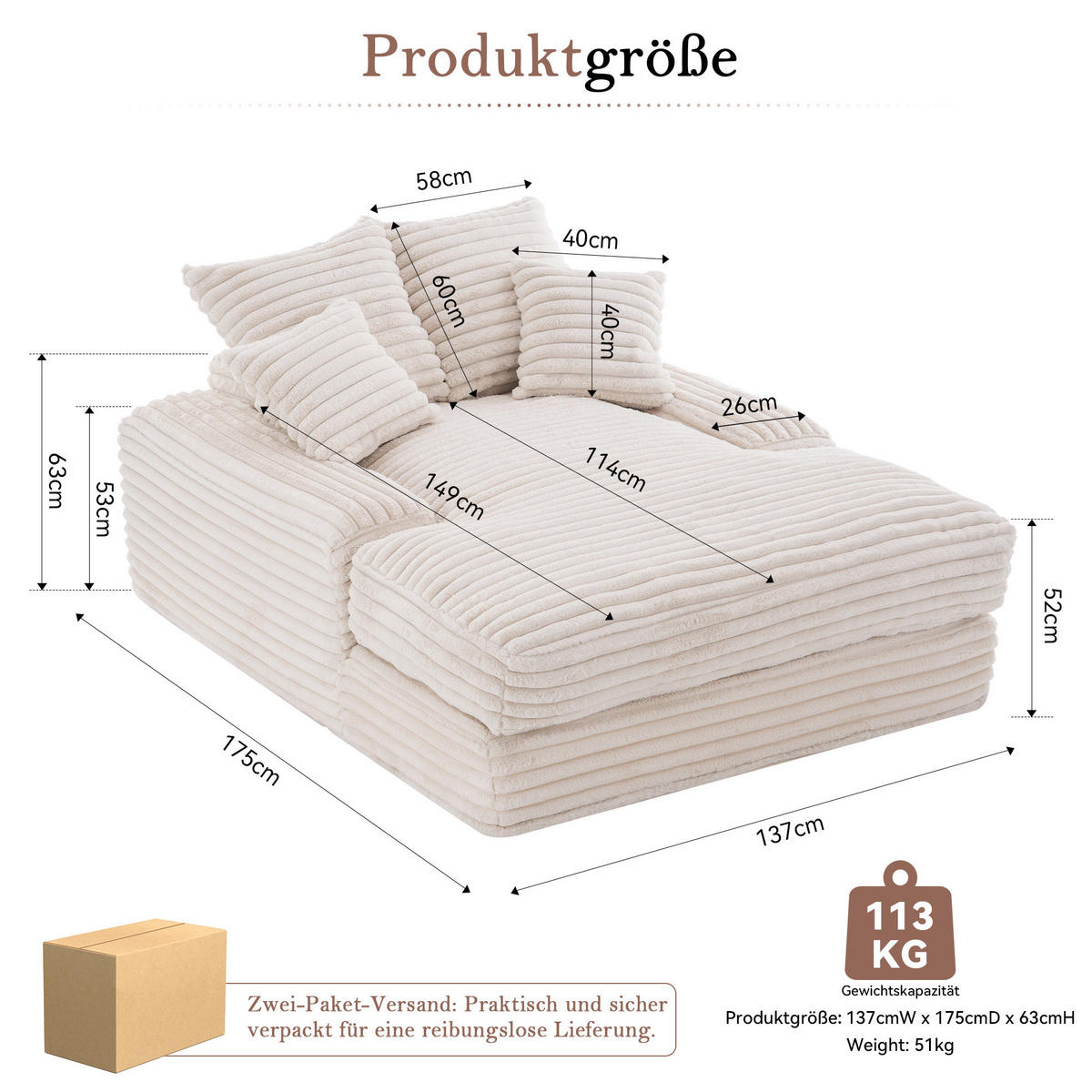 RELAXLIEGE mit 4 Kissen 137 x 175 cm Cord Beige - Beige, Kunststoff (137/63/175cm) - Beauniv