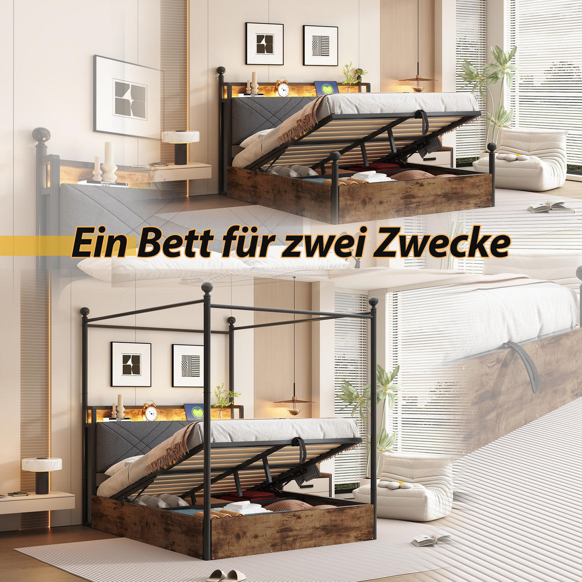 METALLBETT 140/190 cm in Schwarz mit Bettkasten, LED und USB/Type-C Baldachin-Design - Schwarz, Holzwerkstoff/Metall (140/190cm) - STILVORA