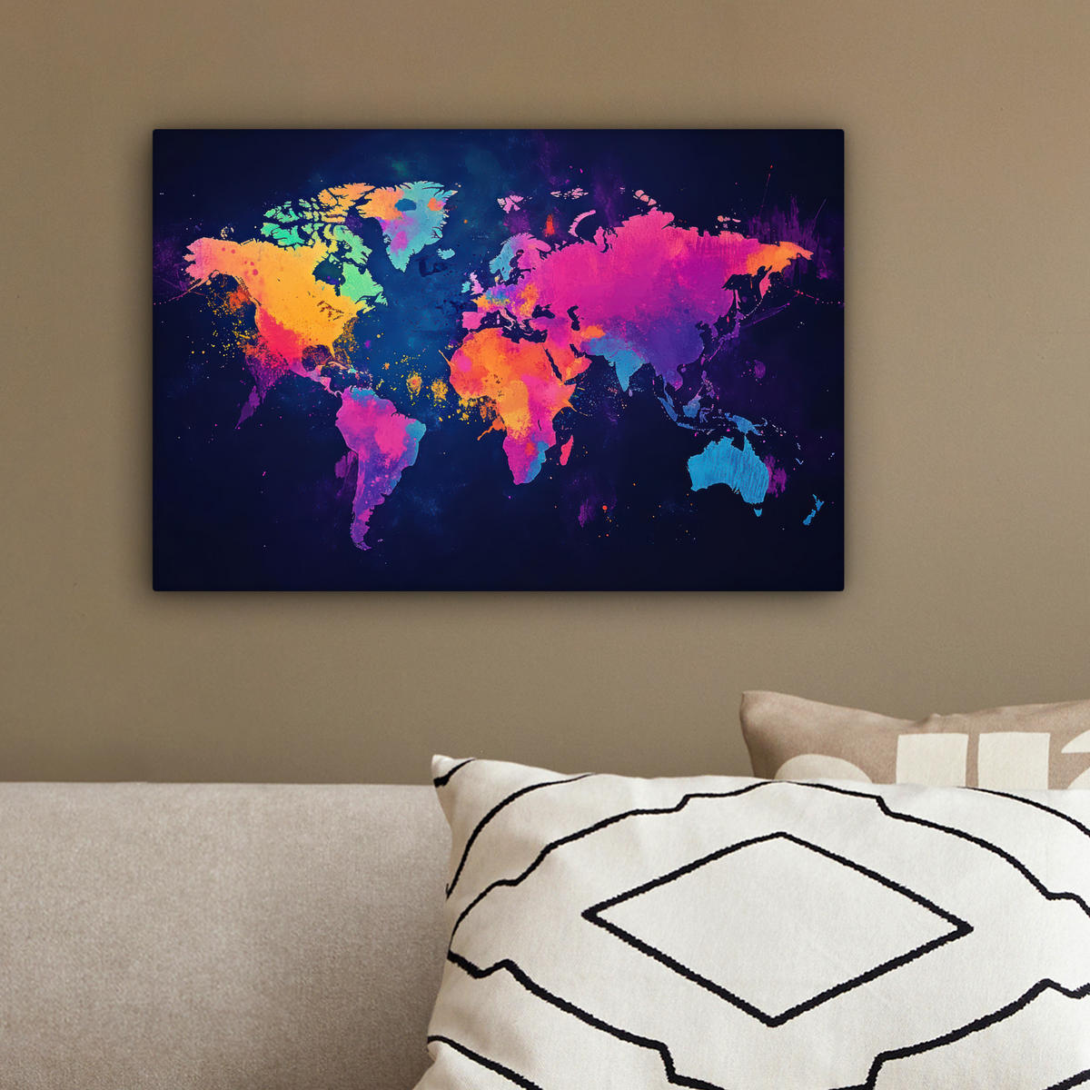 LEINWANDBILD Weltkarte - Bunt - Graffiti 30x20 cm - Multicolor, Textil (30/20cm) - MuchoWow