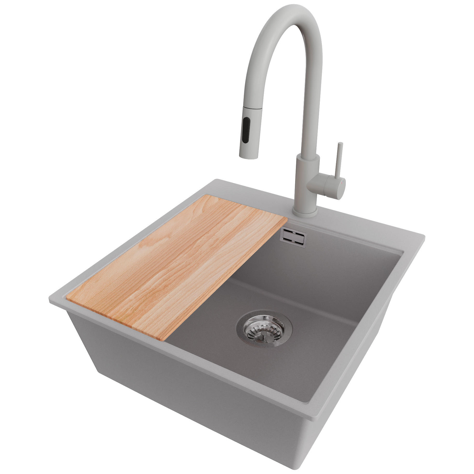 GRANITSPÜLE Oslo, 2-er set Grau 48/50 cm 1 Becken + Küchenarmatur 40/20 cm + Ablauf-Set + Schneidebrett ab 50er Unterschrank - Chromfarben/Beige, Kunststoff (48/20/50cm) - Primagran