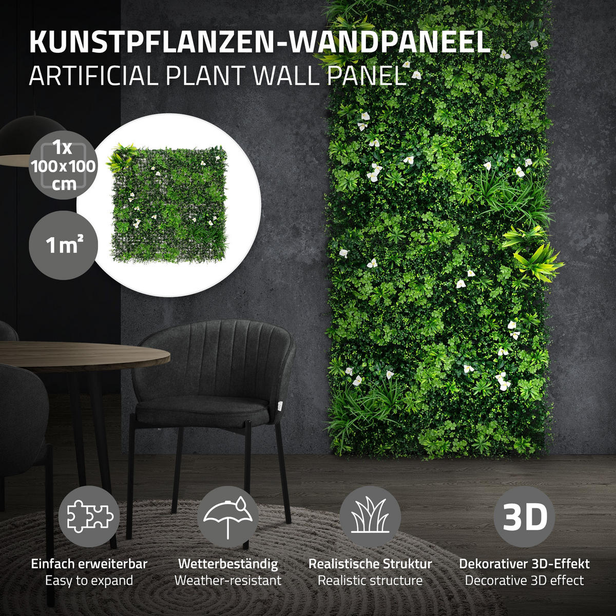 UMĚLÉ ROSTLINY NÁSTĚNNÝ PANEL 100x100 cm Zelený z plastu - zelená barva, plast (100/100/9cm) - ECD-Germany