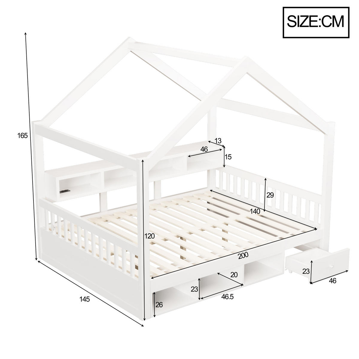 HAUSBETT 140/200 cm mit Dachrahmen, Stauraum und LED, DE-41651, in Weiß - Weiß, Holzwerkstoff (140/200cm) - ComfortXL