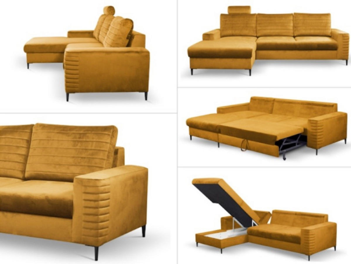 ECKSOFA Muskat Gelb OLI Ausziehbar Mit Kopfstütze Und Bettkasten Links - Goldfarben/Orange, Textil (253/165cm) - Sepro Meble