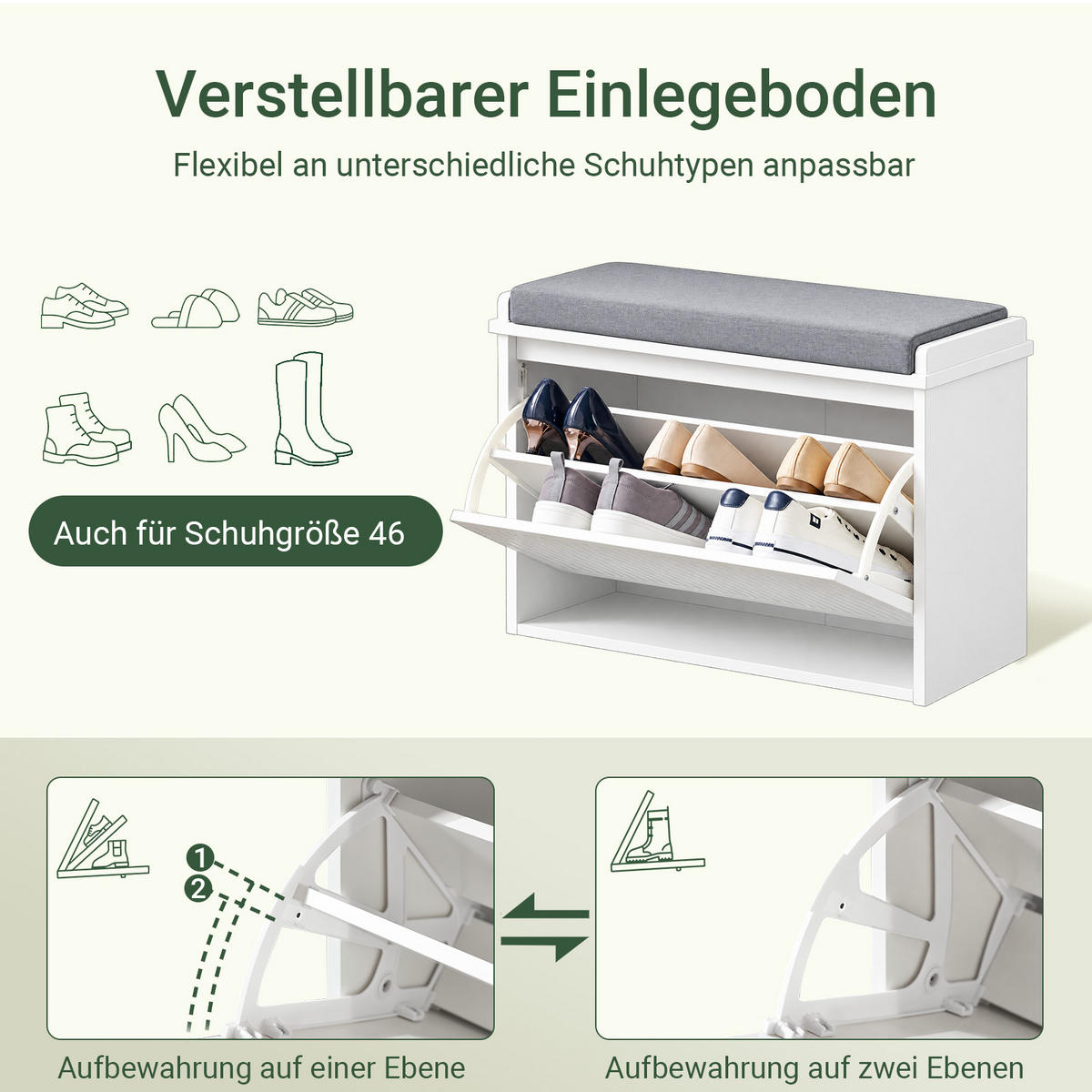 SCHUHBANK weiß mit Sitzpolster, 62 cm breit, 26 cm tief, bis 150 kg, Klappe mit Staufach - Weiß, Holzwerkstoff (62/46/26cm) - SoBuy