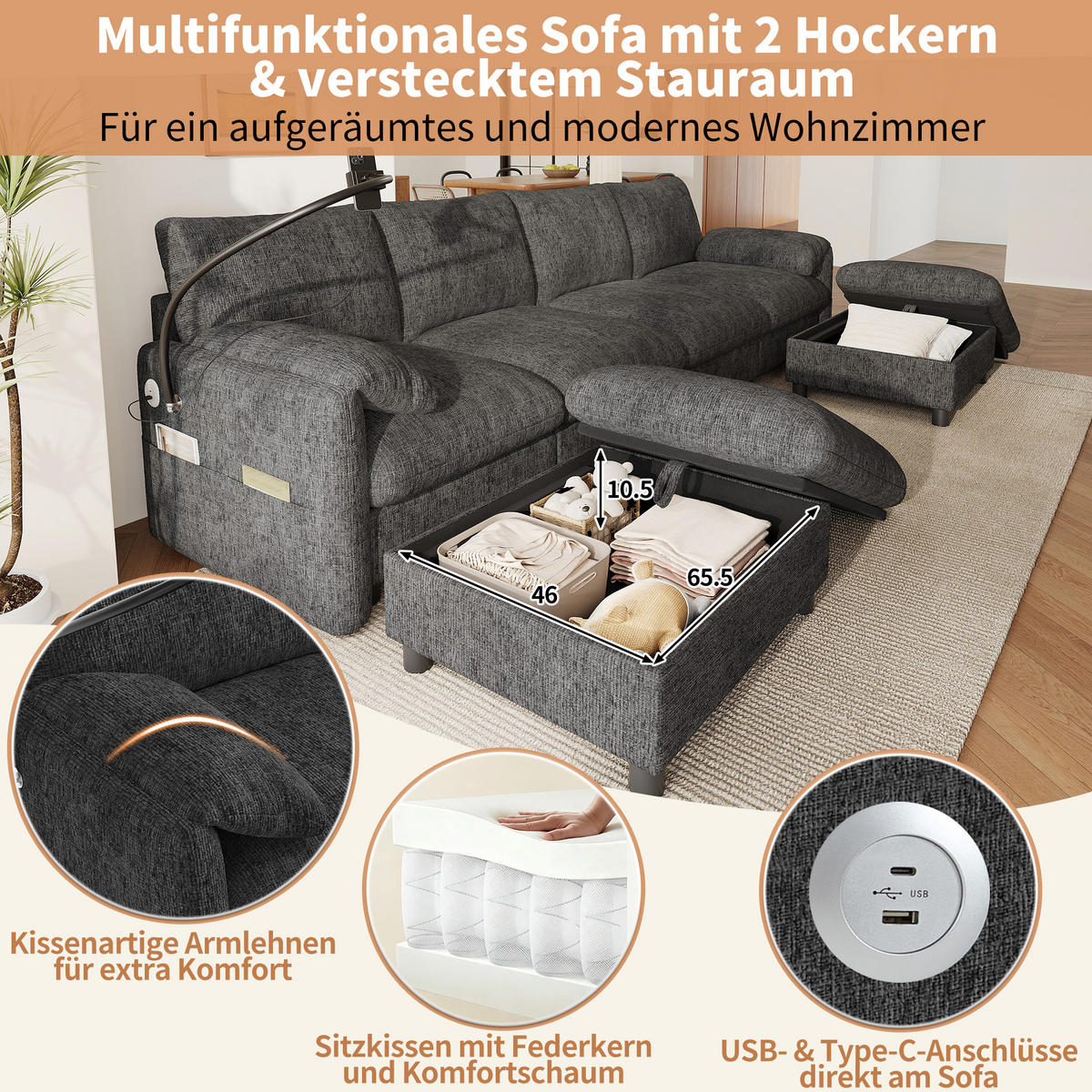 SCHLAFSOFA mit modularer U-/L-Form, 6 Sitzen, Stauraum-Hockern und USB Type-C - Grau, Textil (273.5/81/133cm) - EVRYAE