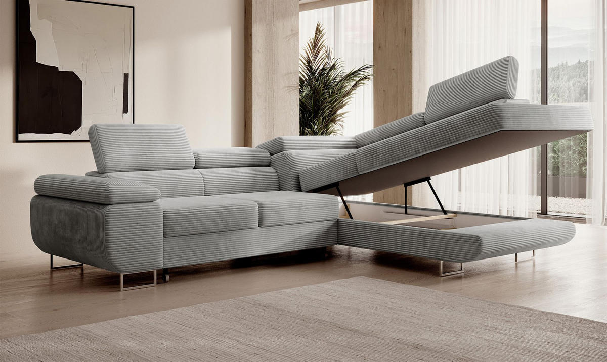 ECKSOFA Stevil Hellgrau Cordbezug - Silberfarben/Hellgrau, Textil/Metall (275/203cm) - Selsey