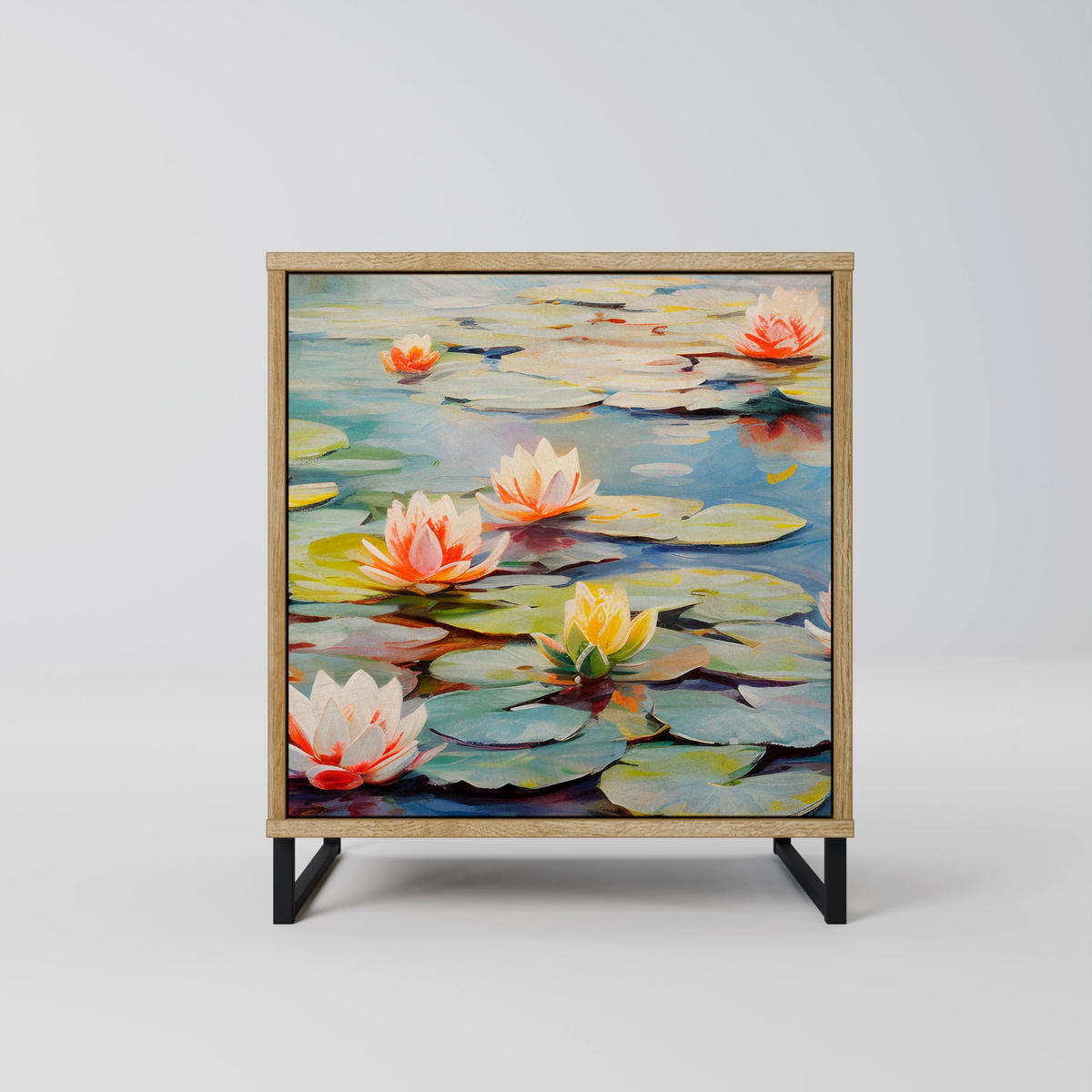 SIDEBOARD BLOOMING WATERS, Eichefarben, 57,5x42x72,5 cm, Schwarze Metallfüße - Eichefarben/Multicolor, Holzwerkstoff/Metall (57.5/72.5/42cm) - SpaceRebels