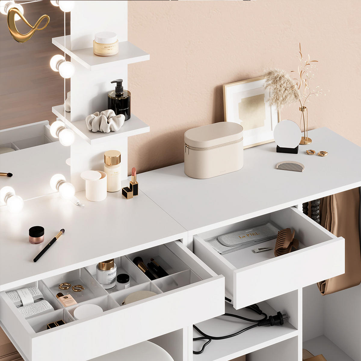 SCHMINKTISCH Nola Weiß 140 cm mit Hocker - Weiß, Holzwerkstoff (140/140/40cm) - Livinity®