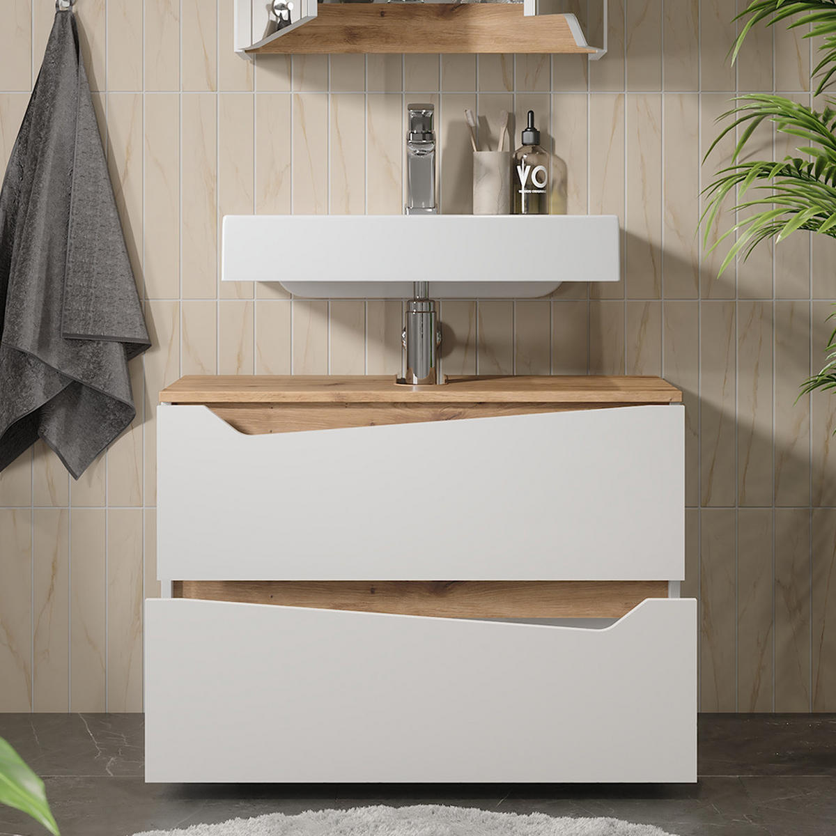 WASCHBECKENUNTERSCHRANK Marelle Weiß/Artisan 80 x 57.5 cm mit 2 Schubladen - Weiß/Eiche Artisan, Holzwerkstoff (80/57.5/35cm) - Vicco