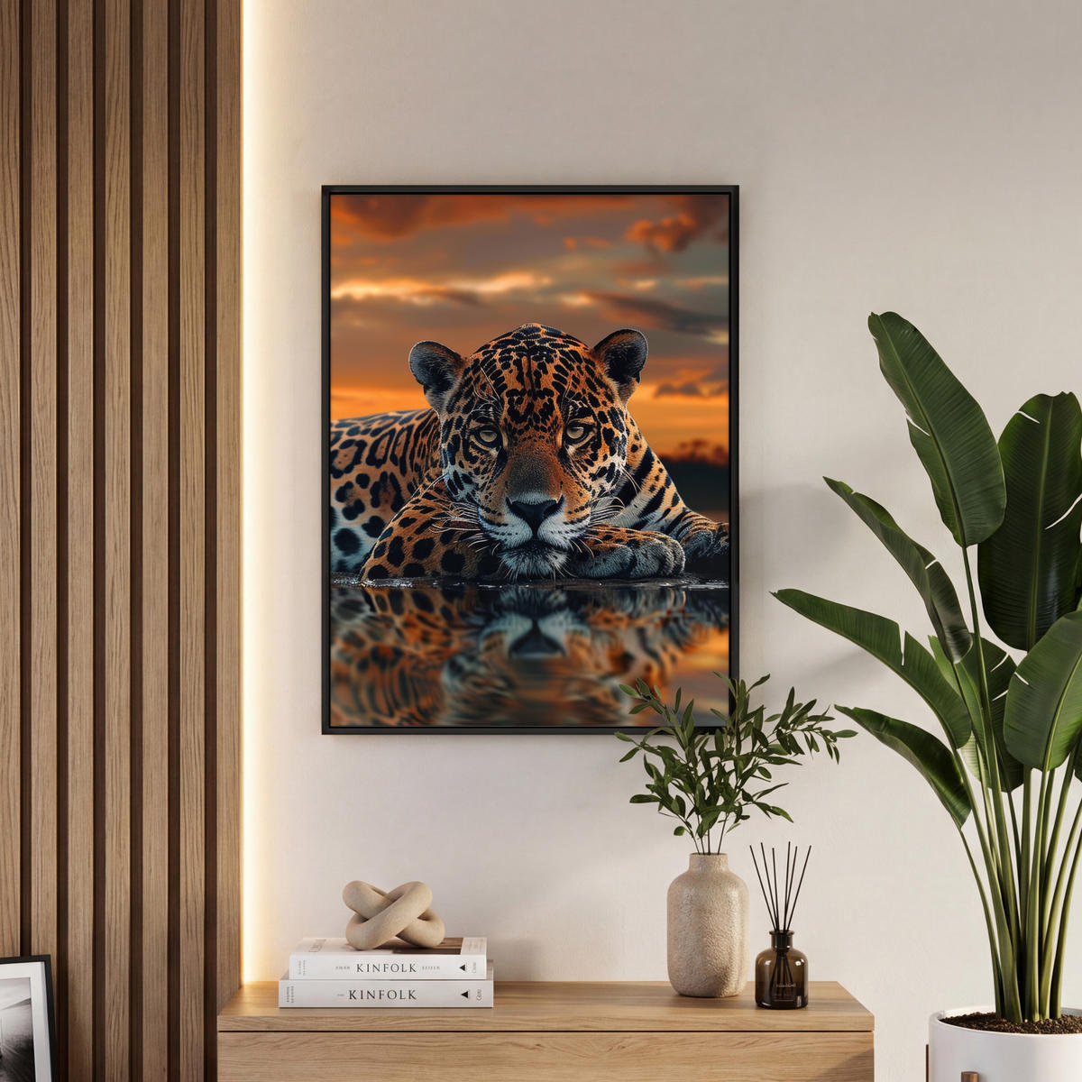 LEINWAND Bilder mit Rahmen - Natur - Leopard - Tier - Sonnenuntergang - Modern - 50x70 - Orange, Textil (50/70cm) - MuchoWow