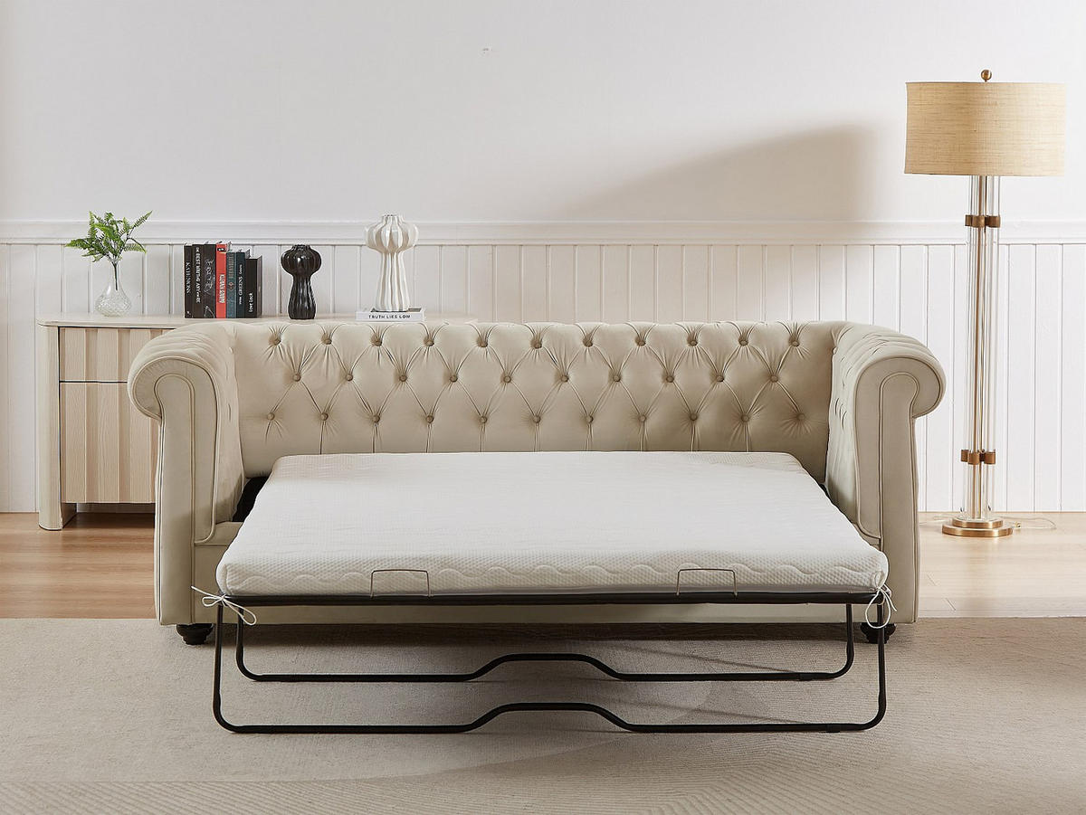 SCHLAFSOFA - 3 Personen - Samt - Beige - - Beige, Textil (208/85/89cm) - Vente-Unique