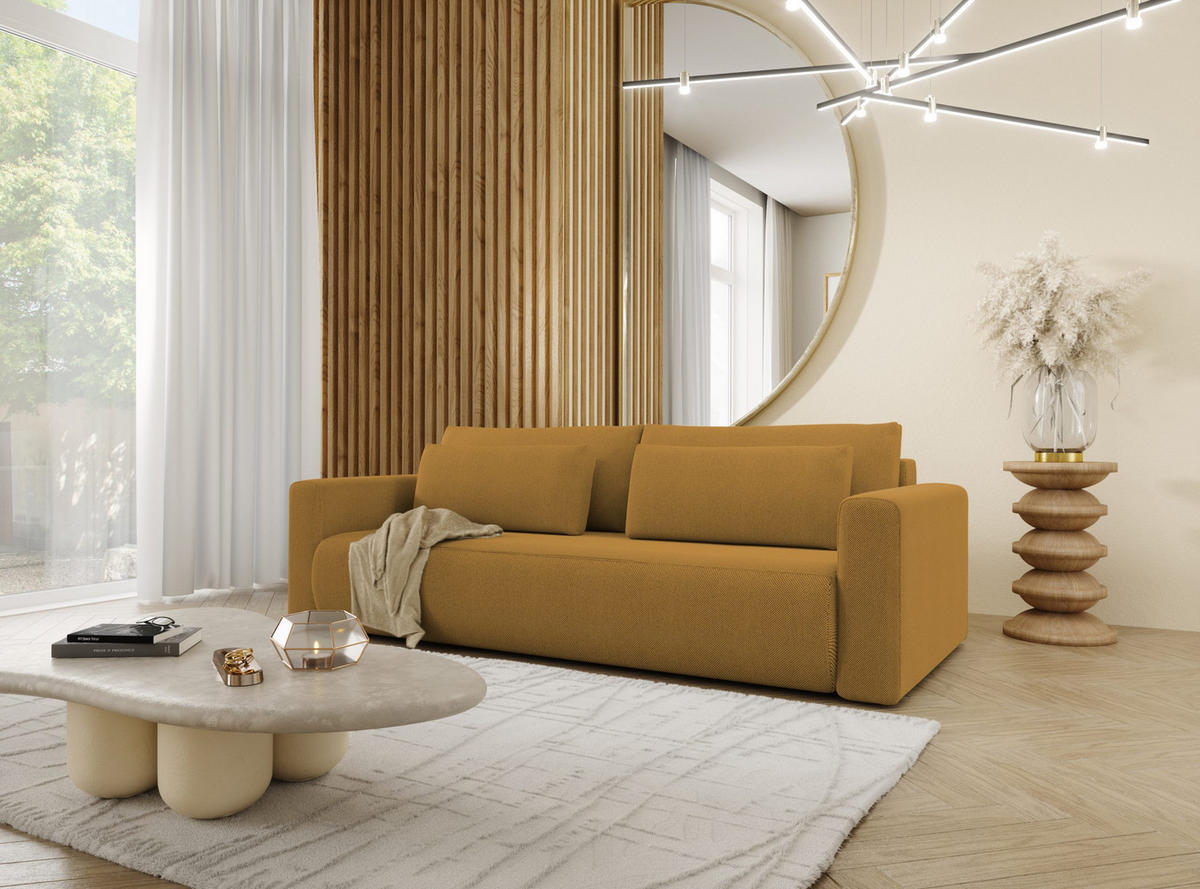 SOFA mit Schlaffunktion Krewitz, Mustard Colour - Honig, Textil (238/70/105cm) - Meblito