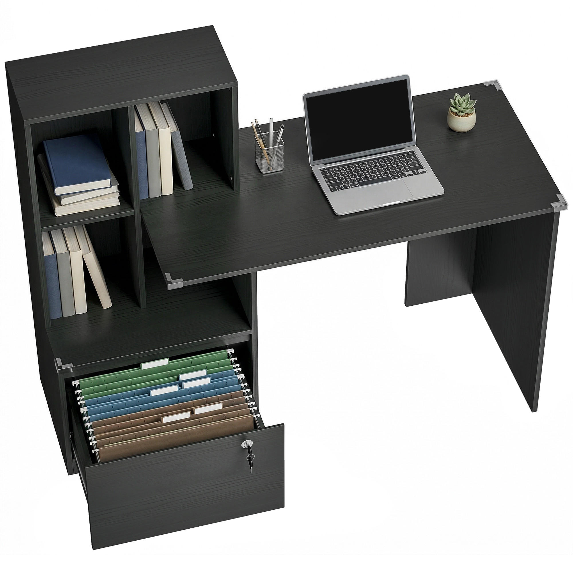 SCHREIBTISCH Schwarz mit abschließbarer Schublade und Regal 126/50/109 cm - Schwarz, Holzwerkstoff (50/126/109cm) - PANGIVO