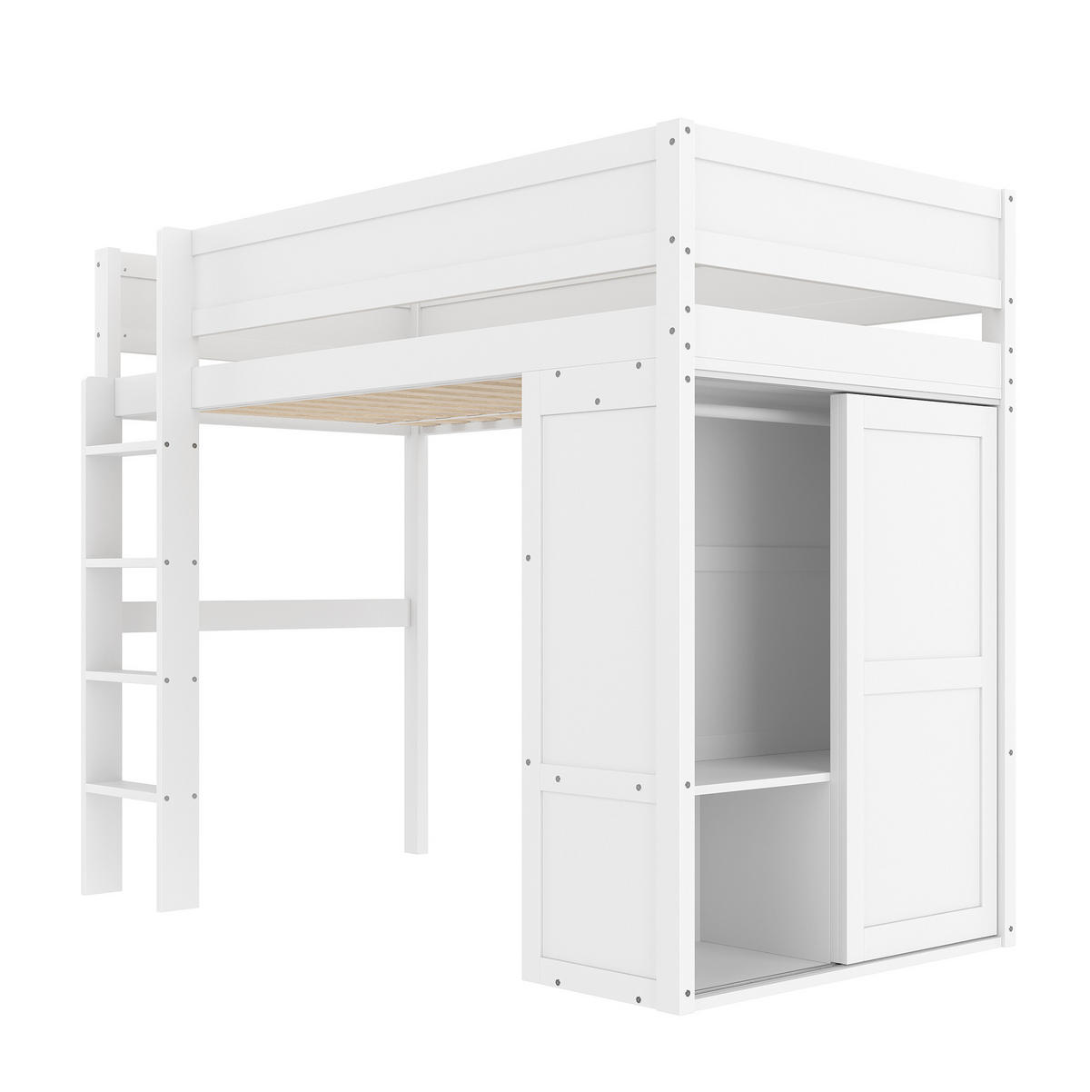 HOCHBETT 90/200 cm mit Kleiderschrank, Staufach und offenem Unterbettraum aus Kiefernholz und MDF, Weiß - Weiß, Holz (90/200cm) - Redom