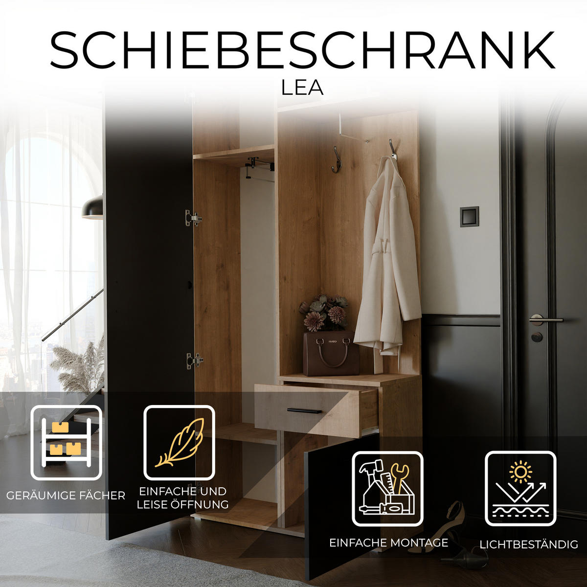 GARDEROBENSCHRANK mit Spiegel-mit Ablagen und Kleiderstange - Schwarz/Braun, Holzwerkstoff (97/195/30cm) - Idohome