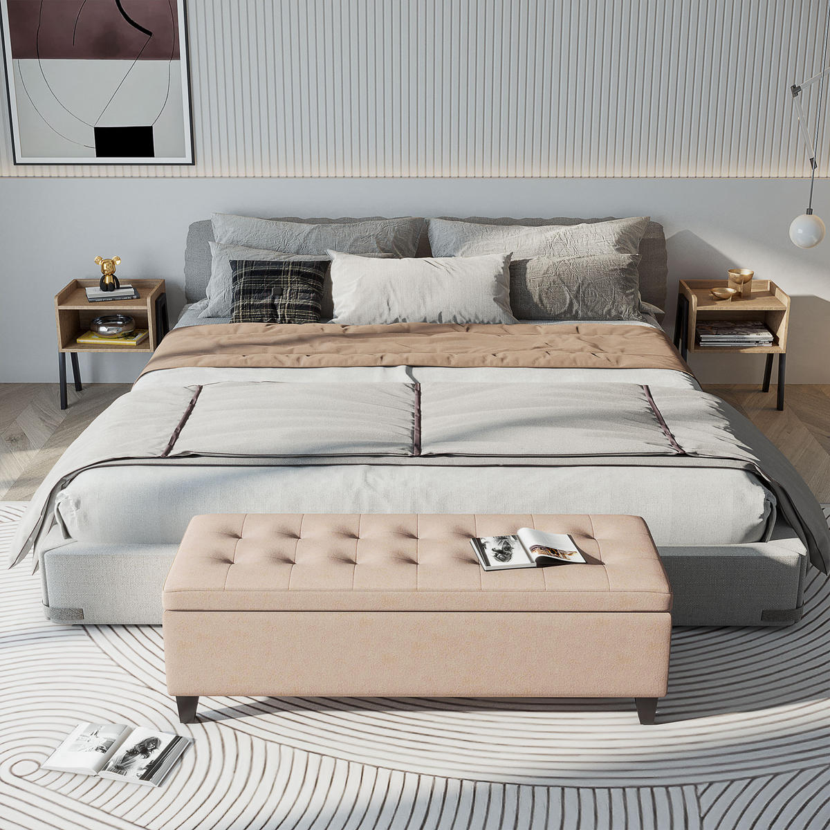 POLSTERBANK DE-07201 mit Stauraum und Knopfheftung Beige - Beige, Holz/Textil (49/41.5/125cm) - ComfortXL