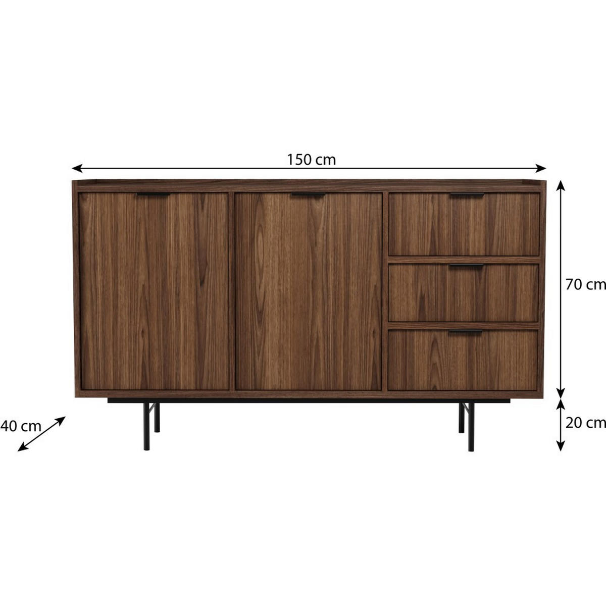 KOMMODE Evron mit 3 Schubalden und 2 Türen, Walnuss - Walnussfarben/Schwarz, Holzwerkstoff/Metall (150/90/40cm) - Beautysofa
