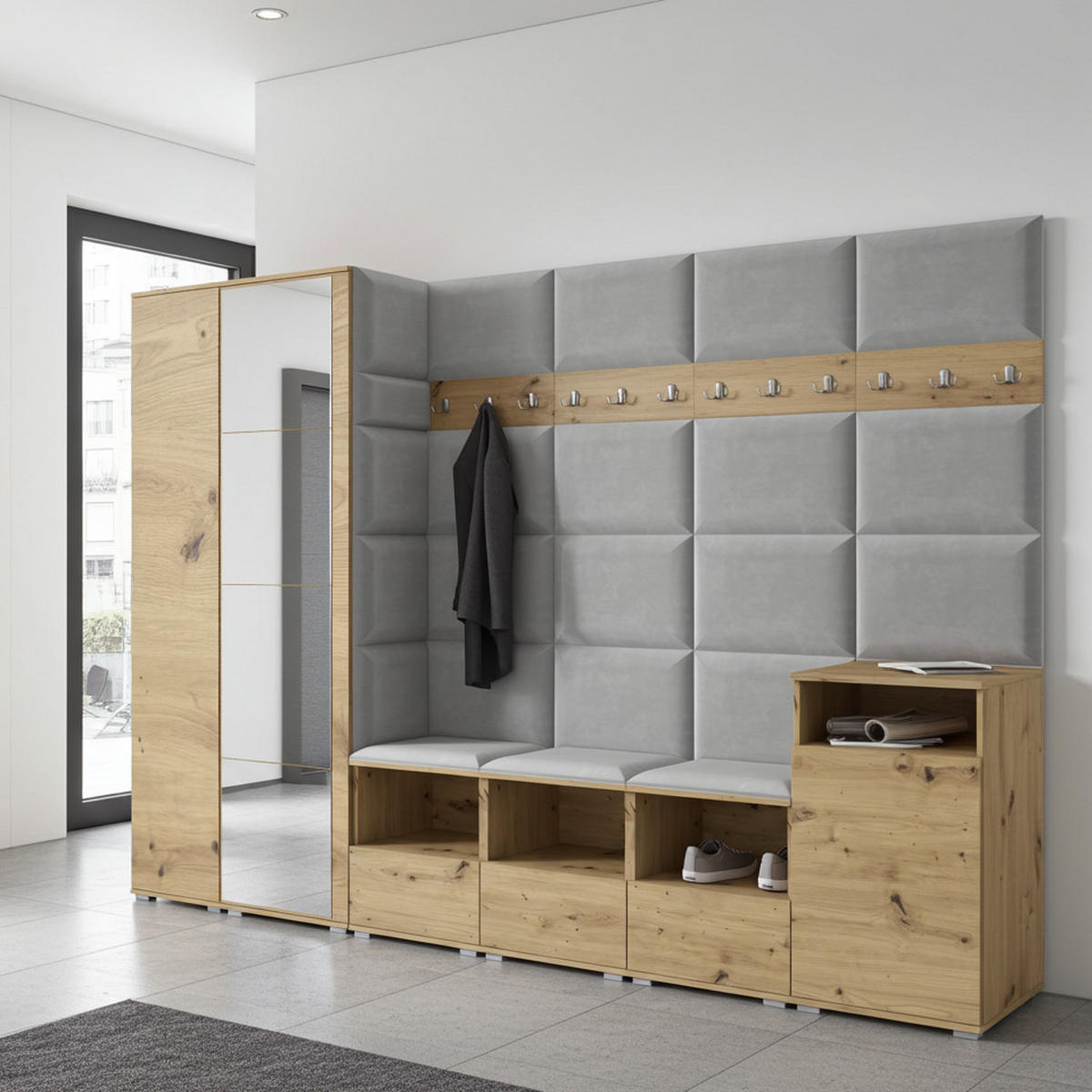 GARDEROBE NELA XII 300 cm (Modulare Flurmöbel Artisan Eiche mit Spiegel & Sitzpolster Hellgrau 32 Gigantisches Set) - Silberfarben/Hellgrau, Holz/Holzwerkstoff (300/187/40cm) - Ravio