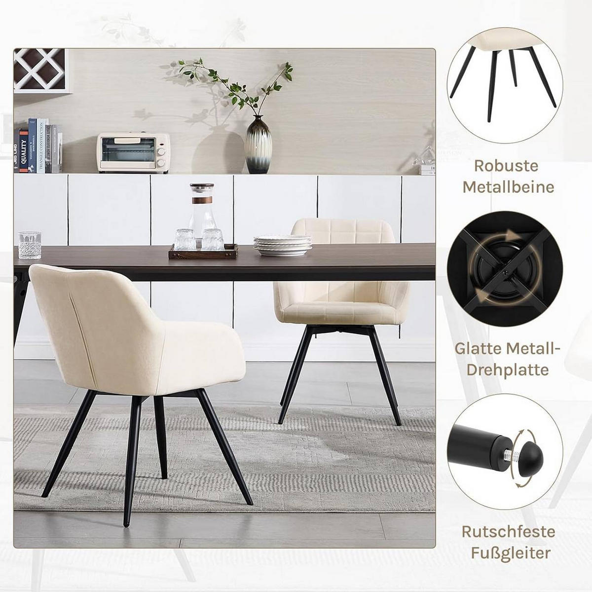ESSZIMMERSTUHL 2er Set, drehbar, Samt, Beige - Beige/Schwarz, Textil/Metall (57/78/63cm)