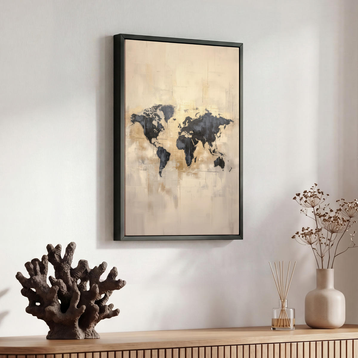 LEINWAND Bilder mit Rahmen - Weltkarte - Gold - Schwarz - Abstrakt - 30x40 - Kupferfarben, Textil (30/40cm) - MuchoWow