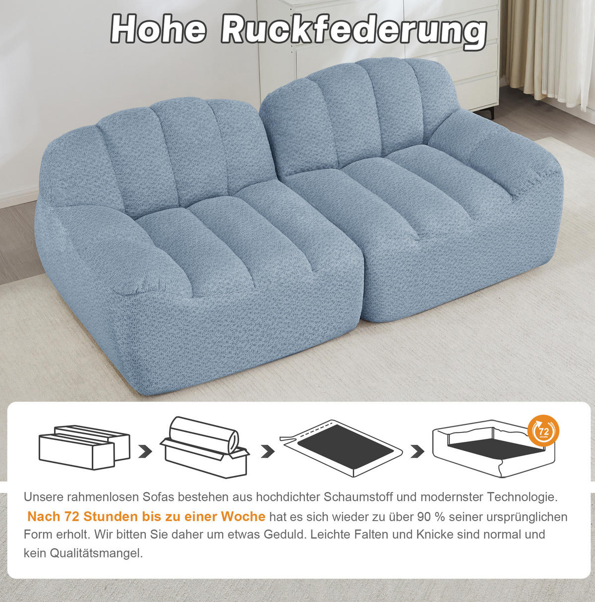 SOFA 210/104/79 cm in Blau aus Granulierter Fleece, ohne Aufbau - Blau, Textil (104/79/210cm) - Flora Grace