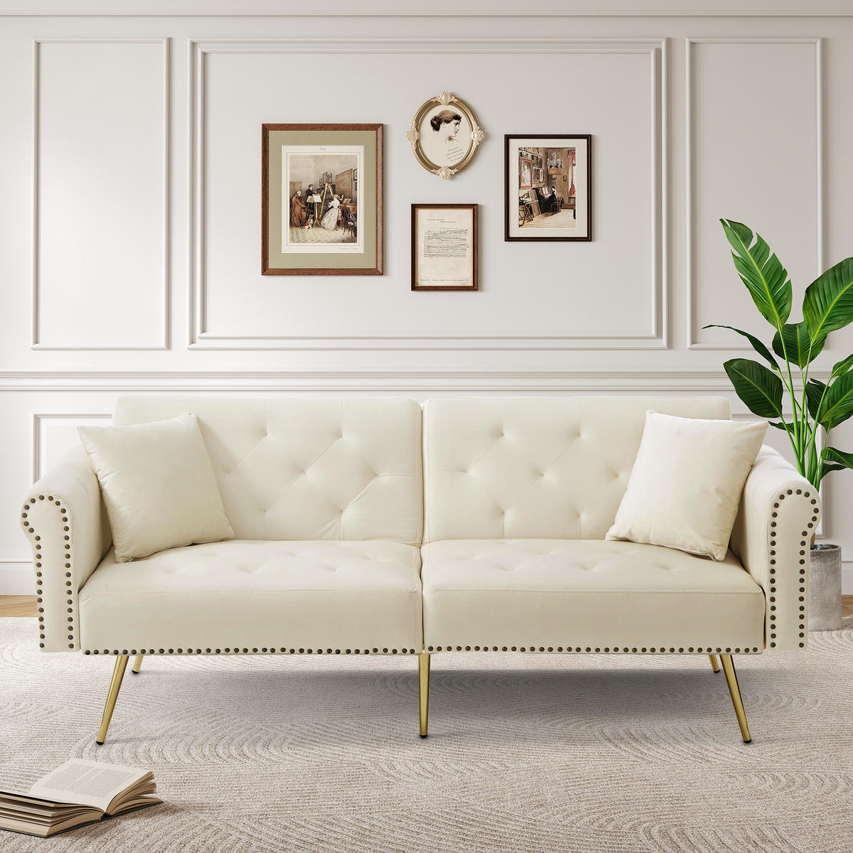 SCHLAFSOFA 2-Sitzer mit verstellbarer Rückenlehne Samt Beige 147/85/41 cm - Beige, Kunststoff (173/70/75cm) - OKWISH