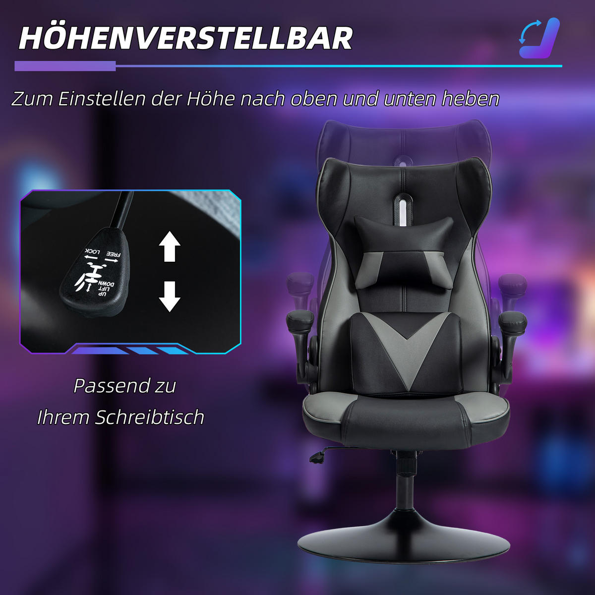 GAMING-STUHL mit Wippenfunktion,bis 120 kg belastbar, Schwarz+Grau - Grau, Kunststoff (67/112/71cm) - Vinsetto