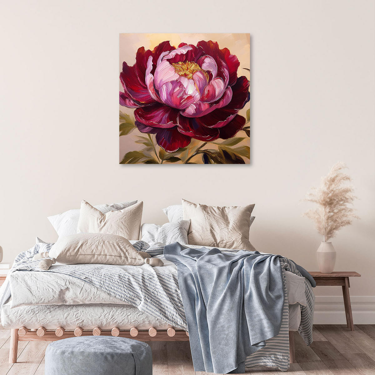 LEINWANDBILD Rot bemalte Pfingstrosenblume 40x40cm - Rot, Textil (40/40cm) - Feeby