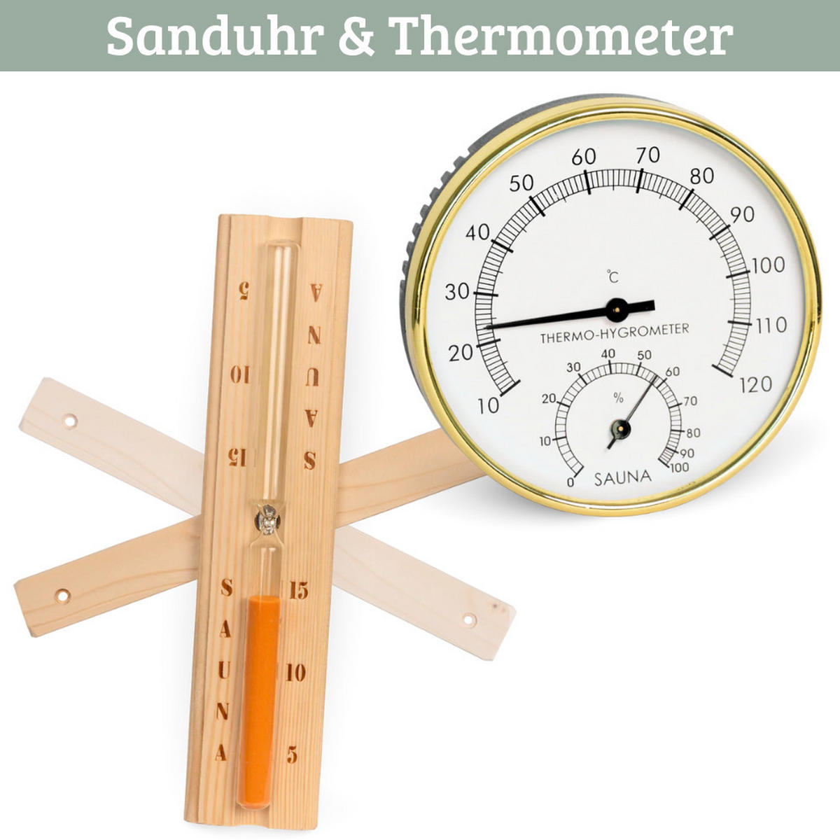SAUNAZUBEHÖR Saunaeimer mit Kelle 4-tlg. Saunakübel Sanduhr & Thermometer - Braun, Holz (25/38/25cm) - DELUKE