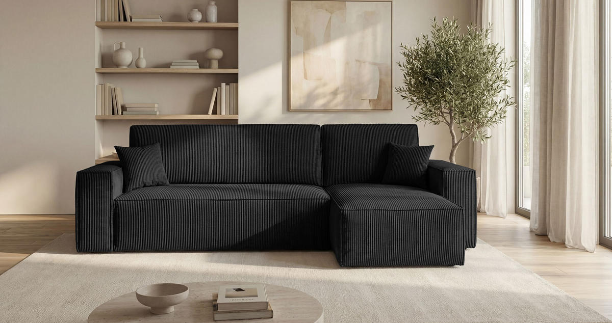 ROHOVÁ pohovka CALIFORNIA MINI pravá černá manšestr Poso 135 - funkce spaní, úložný prostor - černá, textil (245/139cm) - Cornero