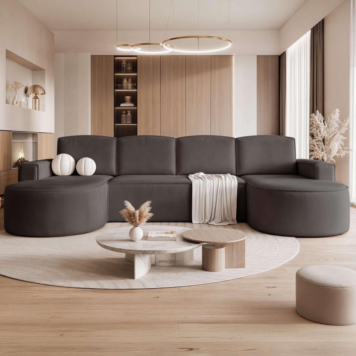 WOHNLANDSCHAFT U-Form mit Schlaffunktion, Schwarz - Schwarz, Textil (316/88/157cm) - Idohome