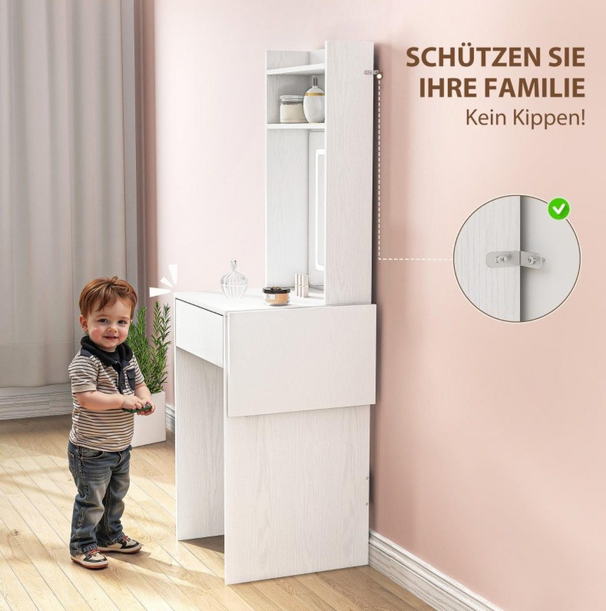 SCHMINKTISCH 45/45/152 cm in Weiß mit LED-Beleuchtung und klappbarer Ablage - Weiß, Holz (45/152/45cm) - Flora Grace