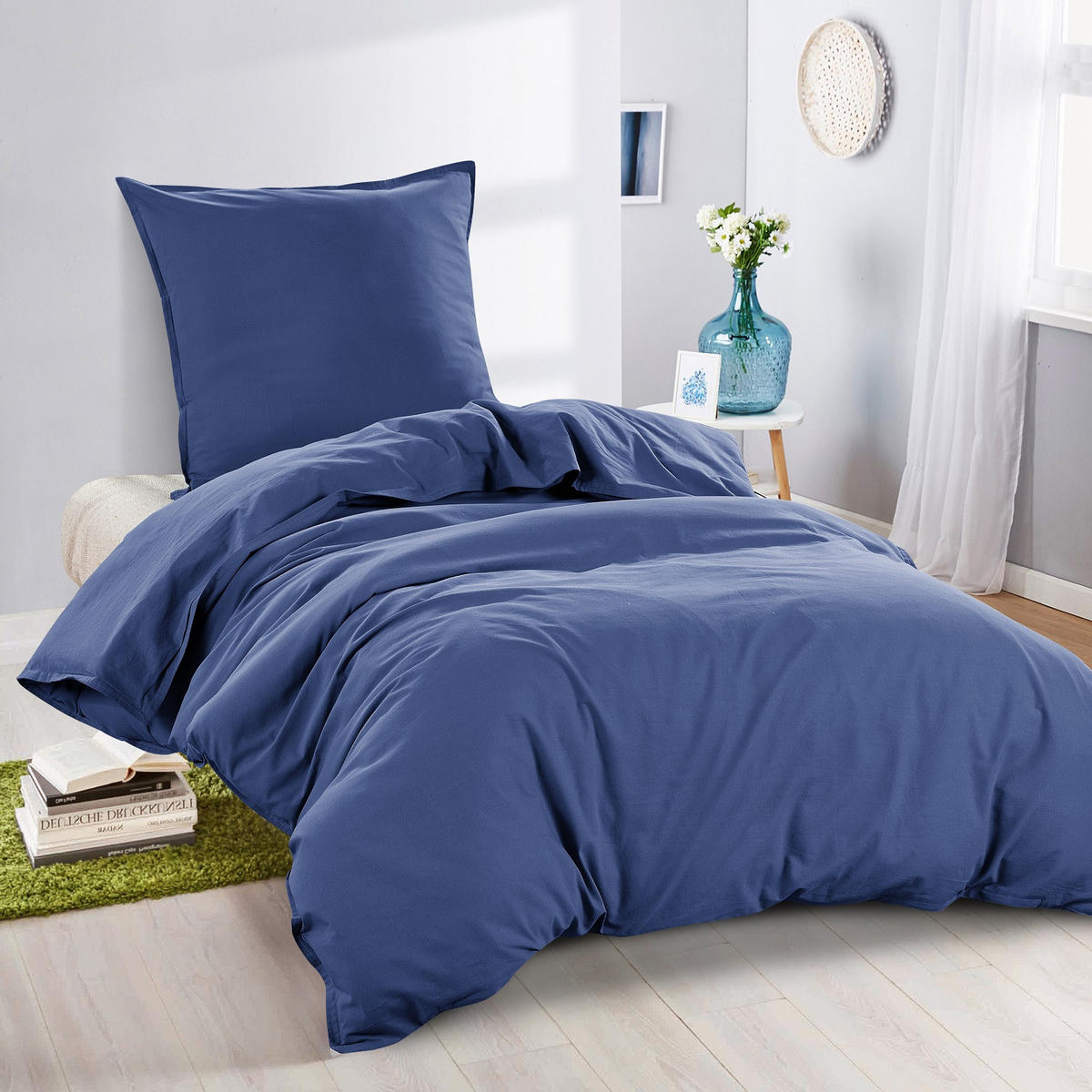 BETTWÄSCHE Stone Washed blau 155/220 cm 100% Baumwolle Used-Effekt mit Stehsaum - Blau, Textil (155/220cm) - wometo
