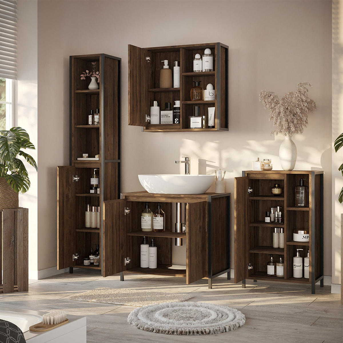 BADMÖBEL-SET Naola Eiche/Schwarz 4 Teile - Eichefarben/Schwarz, Holzwerkstoff (75/65/40cm) - Vicco