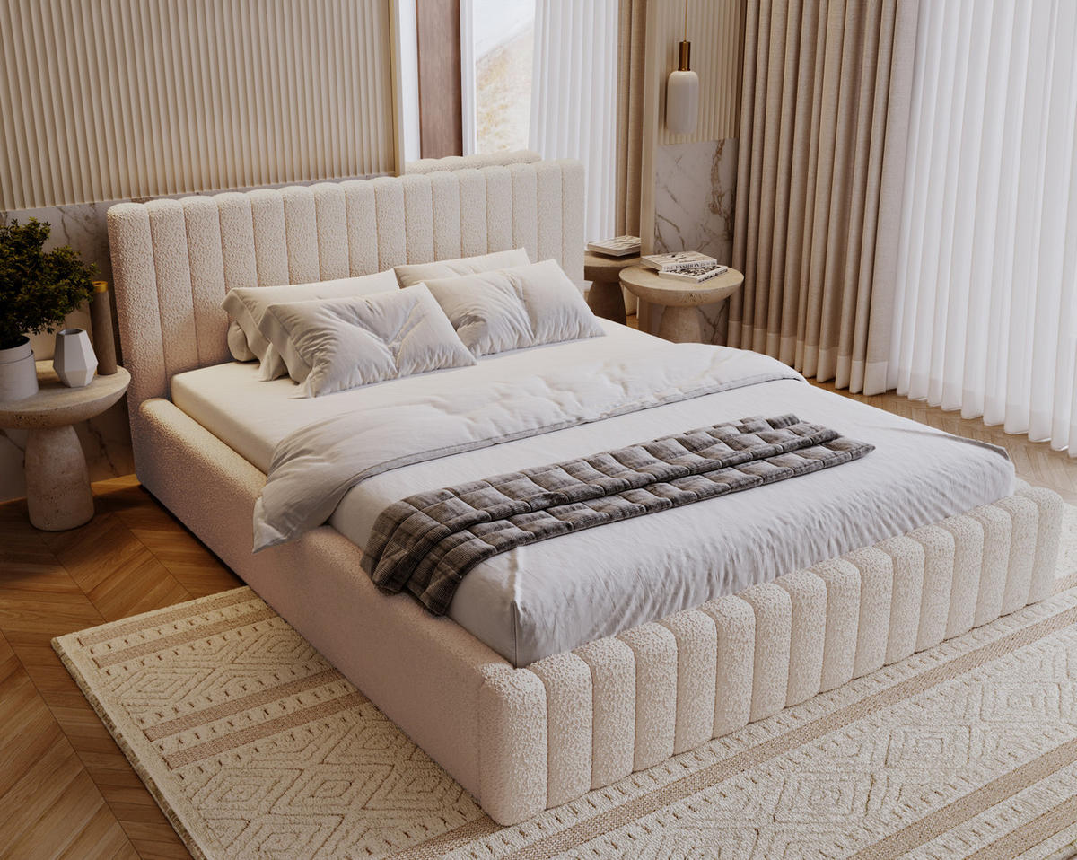 POLSTERBETT 160x200 Billo mit Bettkasten, Boucle Creme - Creme, Holz/Textil (160/200cm) - Emporius