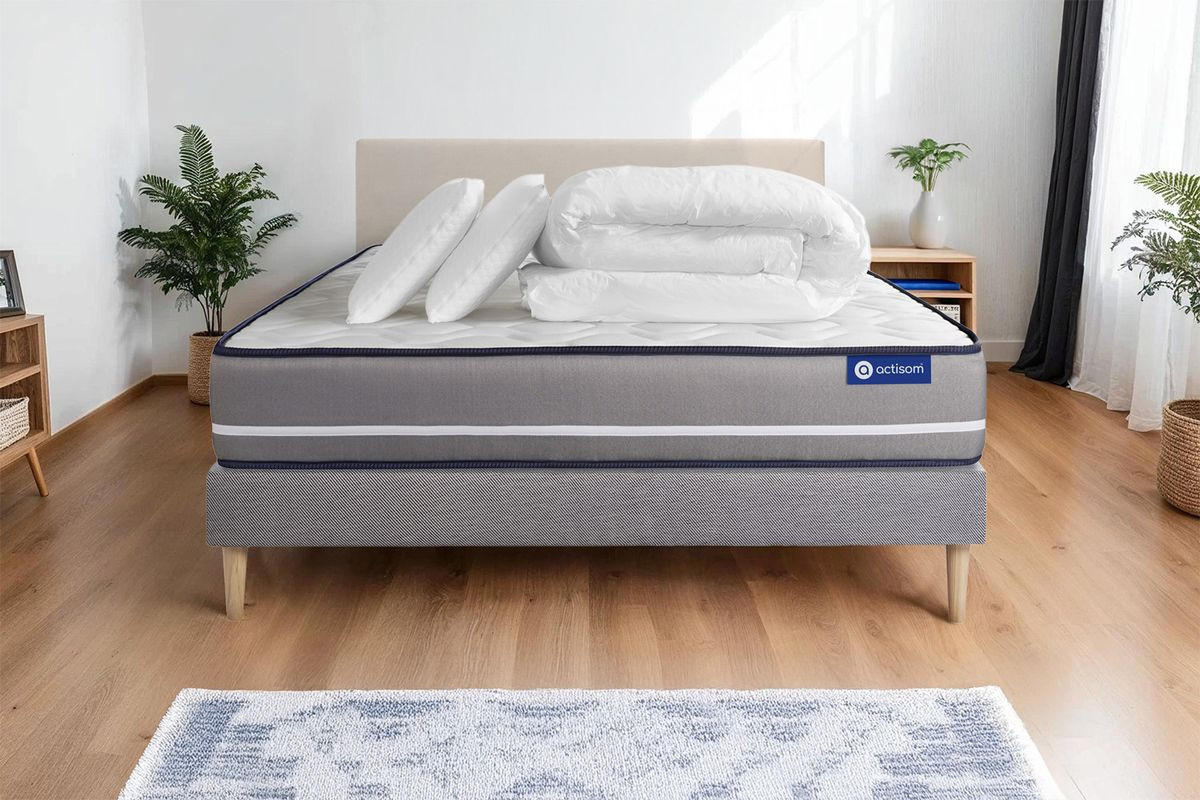 BETT Actiflex pur Taschenfederkern 140 x 190 cm h3 - Kit Bettgestell Grau - Mit Kissen und Bettdecke - Beige/Grau, Karton/Holz (140/190cm) - ACTISOM
