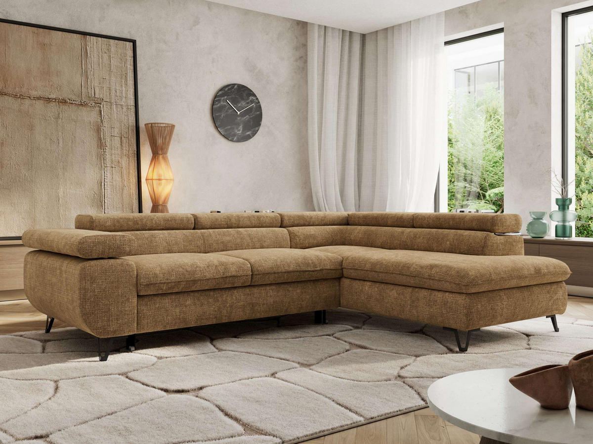 ECKSOFA PABLO L Hellbraun Schenille grob gewebt - Rechts Seite - Hellbraun/Schwarz, Textil/Metall (273/208cm) - MKS