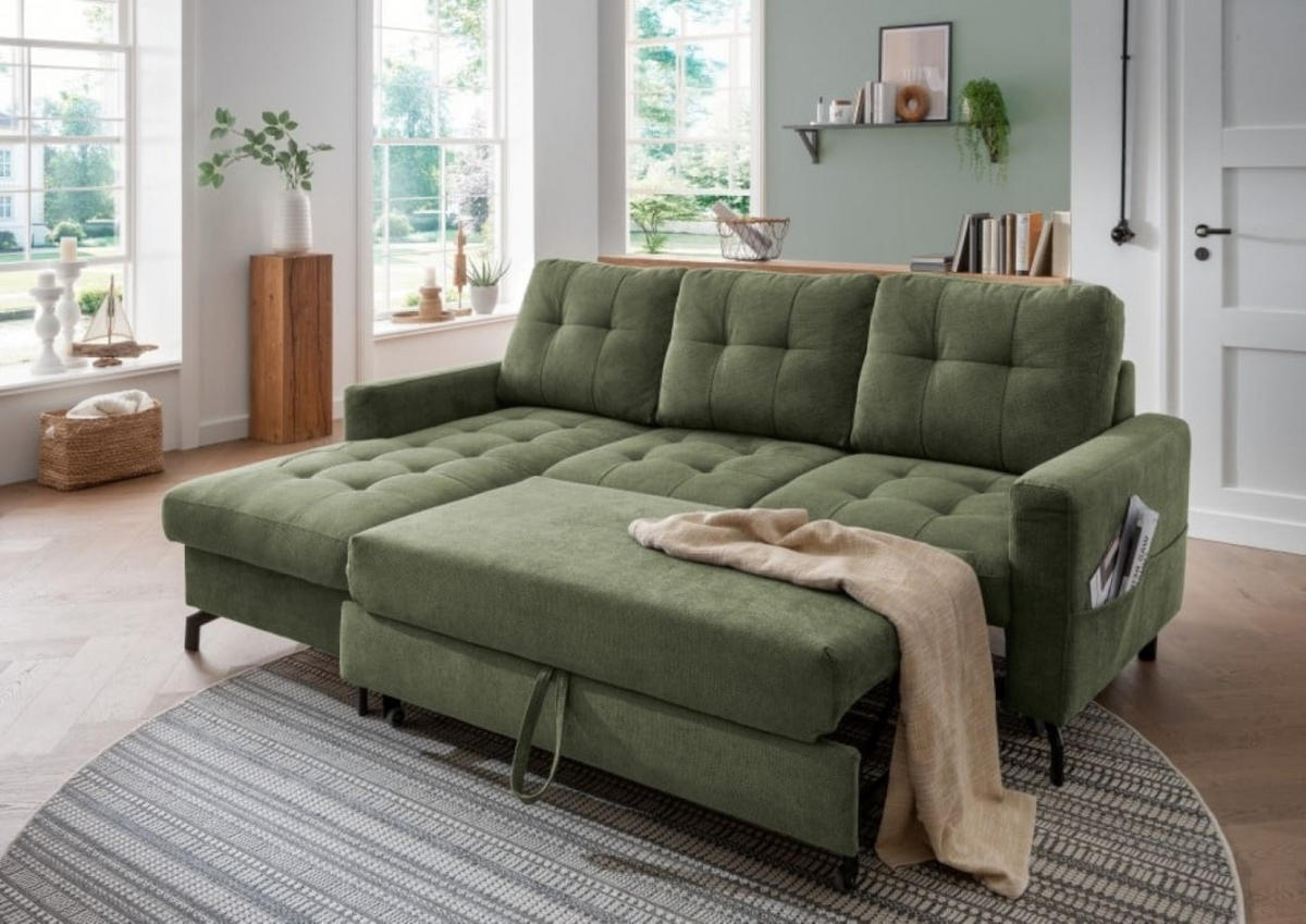 ECKSOFA mit Schlaffunktion und Bettkasten, Luxus-Mikrofaser - Dunkelgrün/Schwarz, Textil/Metall (230/150cm) - myHomelando