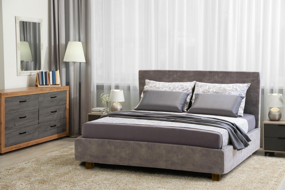 POLSTERBETT Puro 160x200 in Plüsch Cement Green Gray - Graubraun, Holz (160/200cm) - Letti Moderni