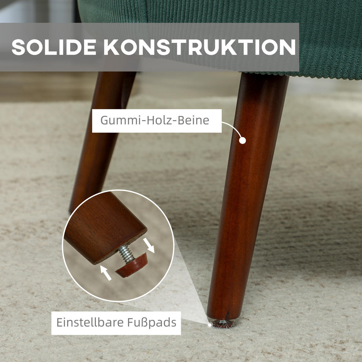 SESSEL mit Rückenlehne, abgerundeten Armlehnen Gepolstert Loungesessel Kordoptik - Dunkelgrün, Textil (69/78/69.5cm) - HOMCOM