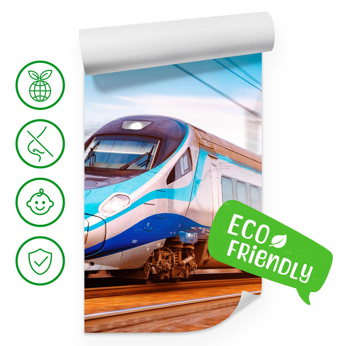 FOTOTAPETE für Wohnzimmer Moderner Zug Eisenbahnschienen 200x140 - Blau/Schwarz, Papier (200/140cm) - Muralo