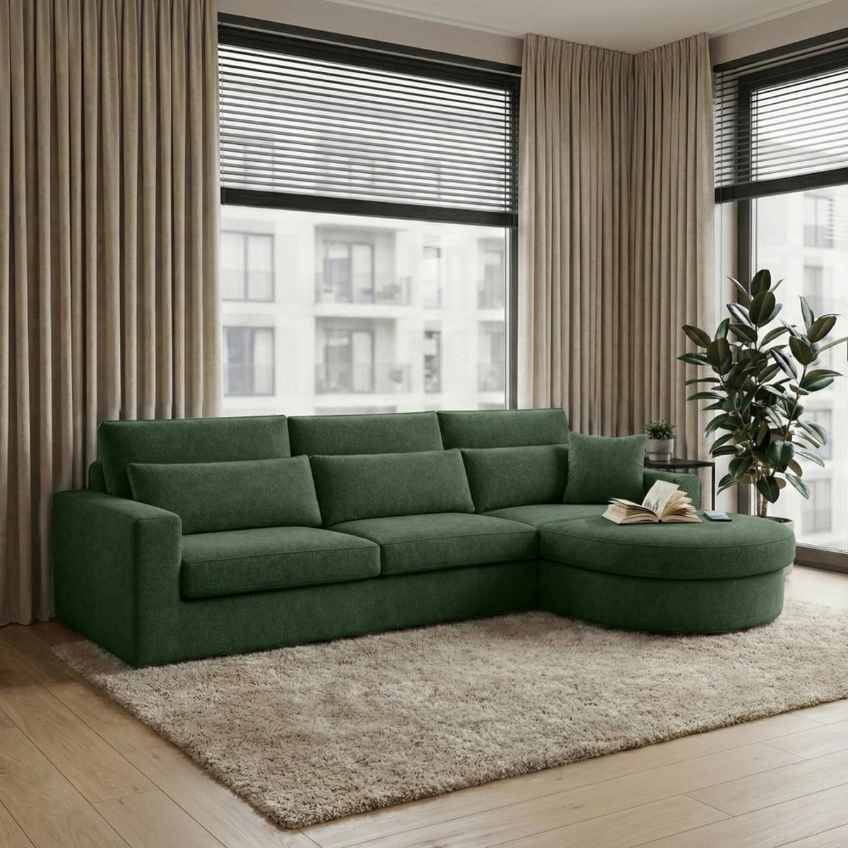 ECKSOFA Pablo ohne Schlaffunktion, mit abgerundeter Ottomane, rechts, Dunkelgrün, Velourstoff - Dunkelgrün, Textil (319/196cm) - Beautysofa