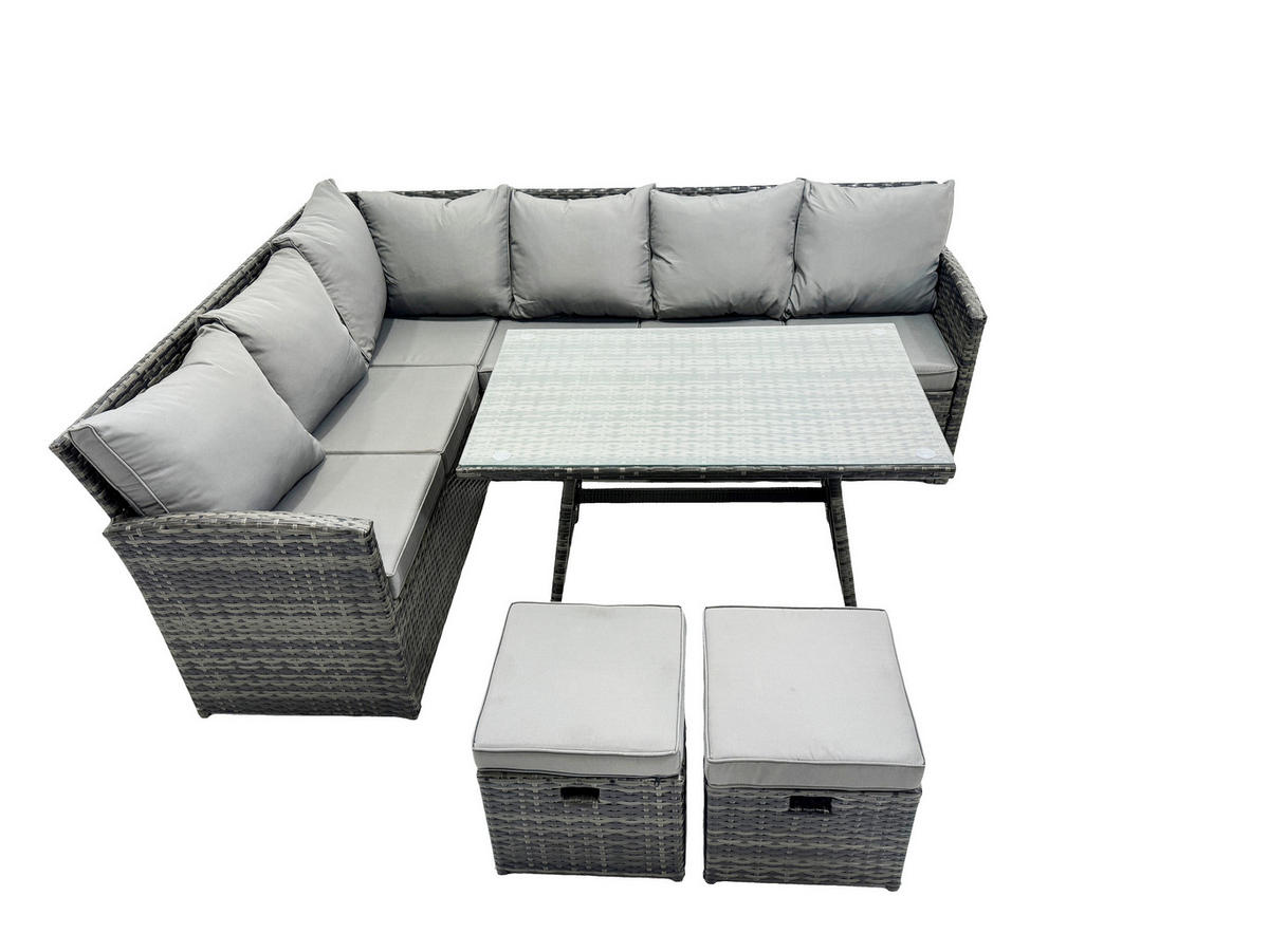 SITZGRUPPE mit Ecksofa Polyrattan Dunkelgrau 8-Sitzer - Dunkelgrau/Grau, Glas/Kunststoff - Fimous
