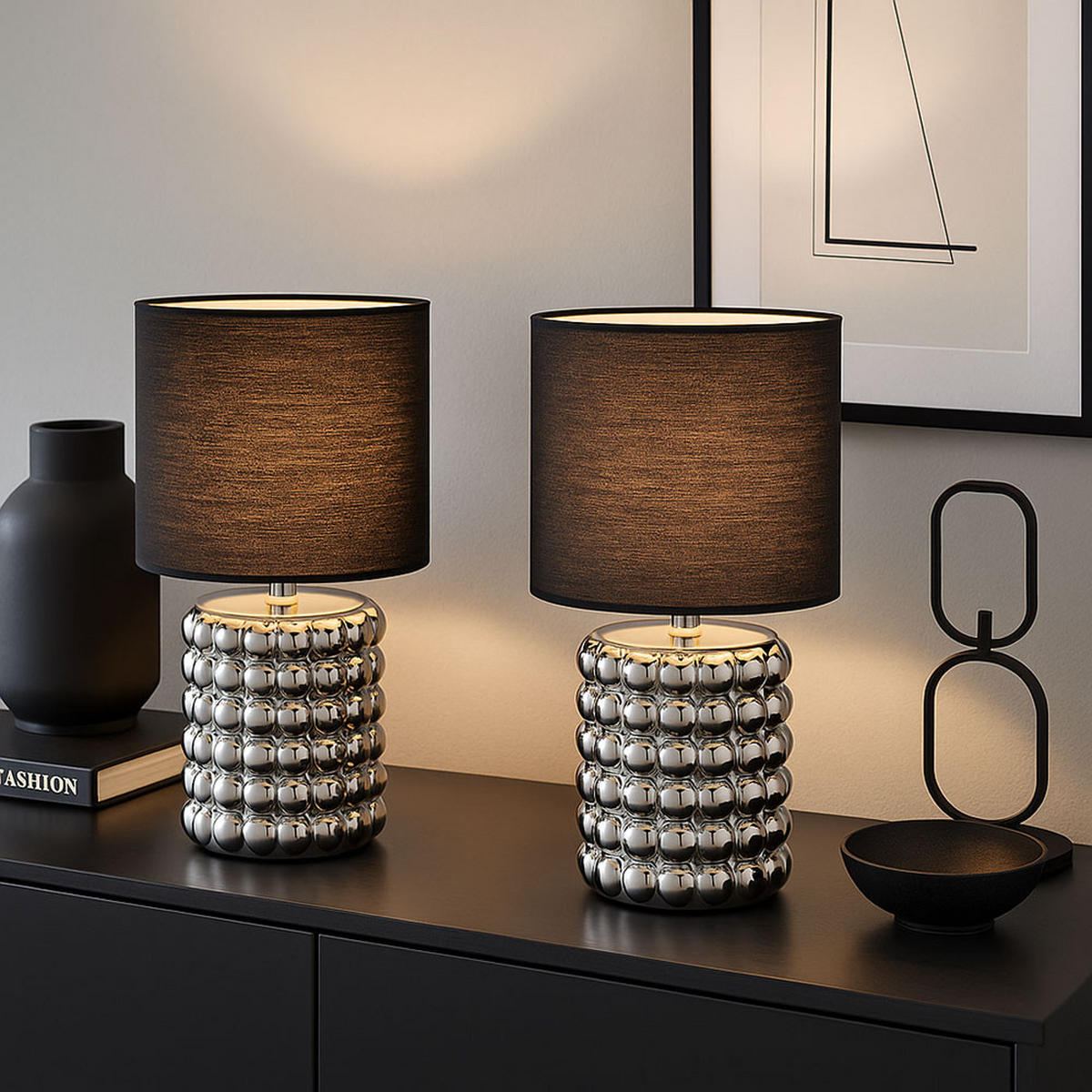 TISCHLEUCHTE VALENTINO Keramik Schwarz 2er Set - Schwarz, Textil (18.5/18.5/33cm) - Globo Lighting