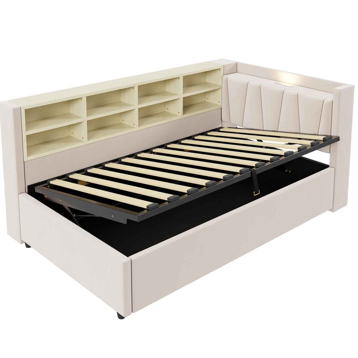 POLSTERBETT 90/200 cm in Beige mit Stauraum und USB- und Type-C-Anschlüssen - Beige, Textil (90/200cm) - Flora Grace