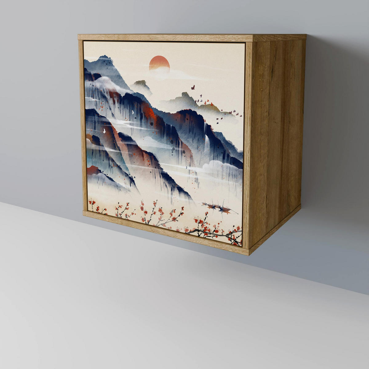 SIDEBOARD JAPANESE LANDSCAPE, Eichefarben, 57,5x42x72,5 cm, Schwarze Metallfüße - Eichefarben/Multicolor, Holzwerkstoff/Metall (57.5/72.5/42cm) - SpaceRebels