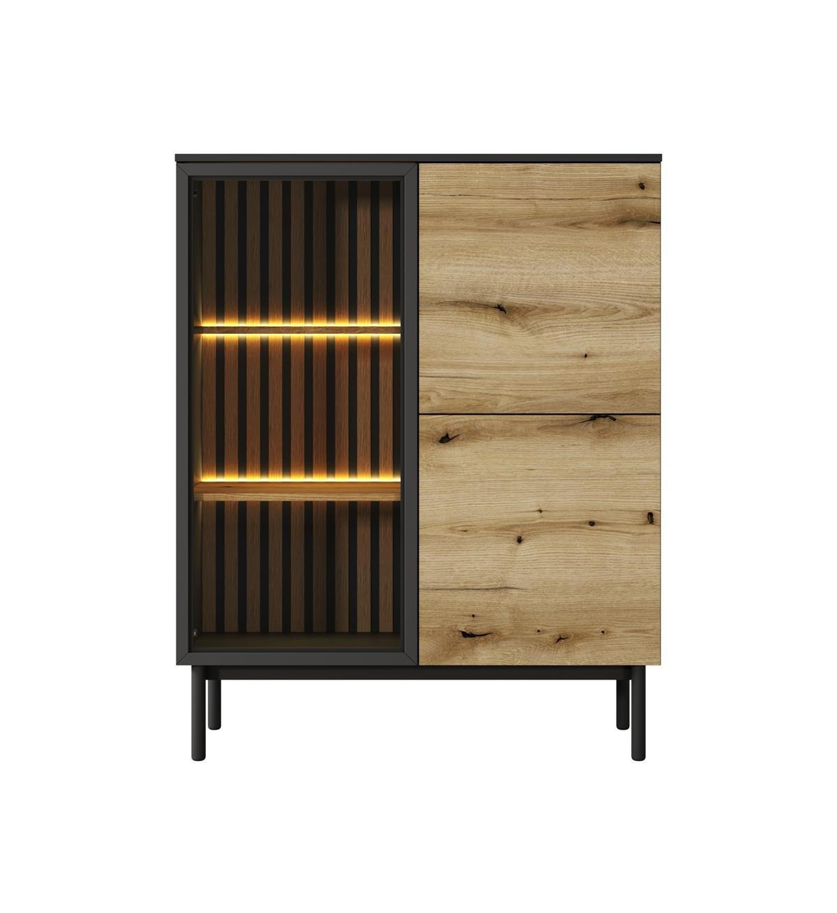 VITRINE Lango 125 Schwarz mit Eiche Evoke, Glasvitrine mit Led-Beleuchtung - Hellbraun/Schwarz, Holzwerkstoff (100/125/39cm) - Bettso