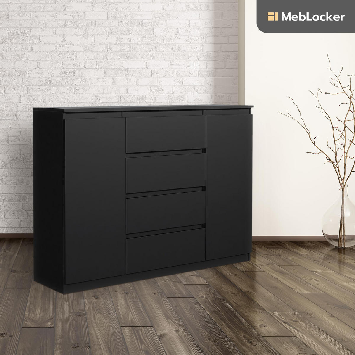 KOMMODE mit 4 Schubladen 2 Schranktüren 140 cm Schwarz - Schwarz, Holzwerkstoff (138.6/101.5/39cm) - MebLocker