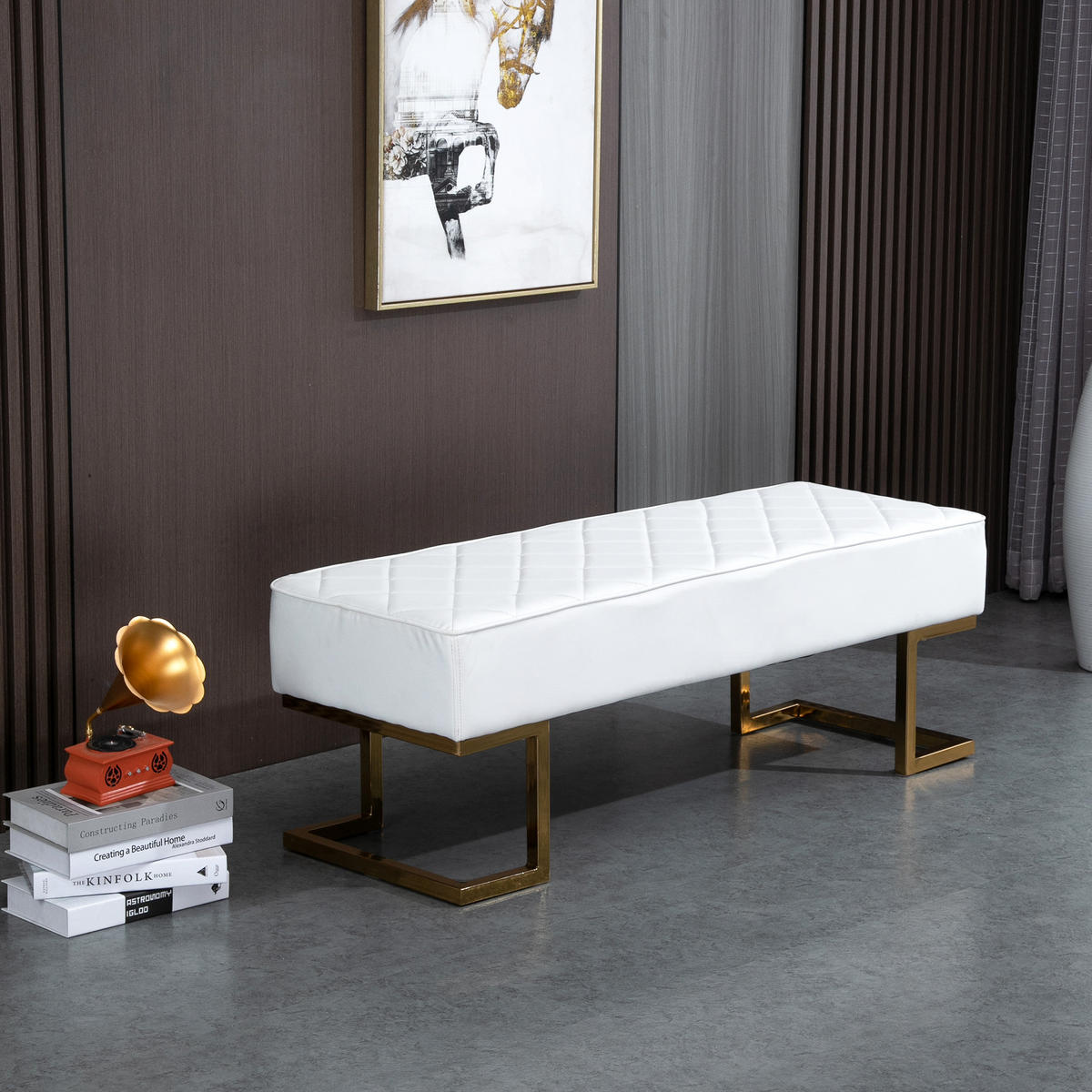 BETTBANK, Wohnzimmer, Kunstleder, Metall, Weiß+Gold, 120 x 43 x 42 cm - Weiß, Kunststoff (43/42/120cm) - HOMCOM