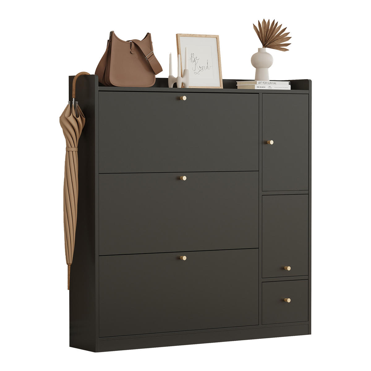 SCHUHSCHRANK Schwarz 3 Klappen Sitzbank Stauraum 119x24x122cm - Schwarz, Holzwerkstoff (24/122/119cm) - FLIEKS